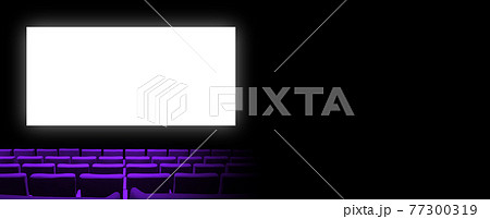 Cinema movie theatre with purple seats and a blank white screen. Horizontal banner 77300319
