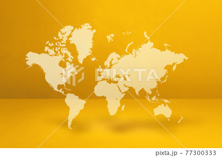 World map on yellow wall background. 3D illustration World map on yellow wall background. 3D illustration 77300333