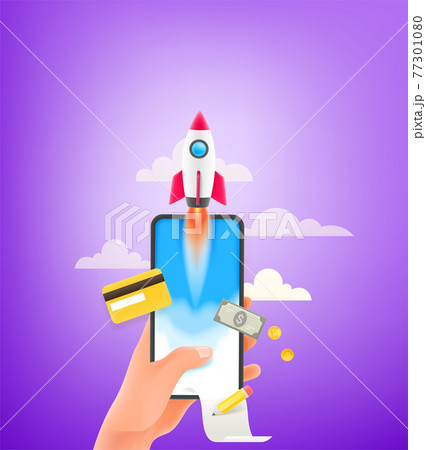 Business start up concept. Begin business vector illustration with rocket and smartphone Business start up concept. Begin business vector illustration with rocket and smartphone 77301080