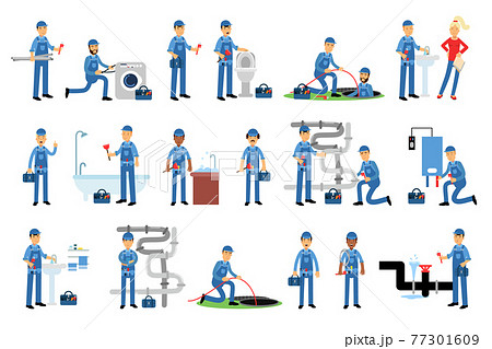 Young Man Plumber Wearing Blue Overall Fixing Tubes and Pipe Lines Vector Illustration Set 77301609