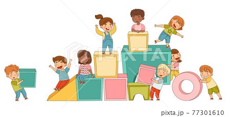Big Toy Blocks and Playful Children Carrying Them Around Building Tower and Having Fun Vector Illustration 77301610