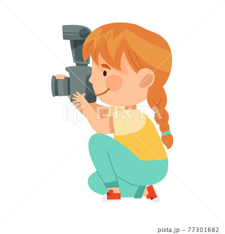 Redhead Girl Holding Camera and Taking Photo Vector Illustration 77301682