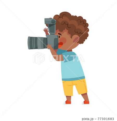 Pretty African American Boy Holding Digital Camera Taking Photograph Vector Illustration 77301683