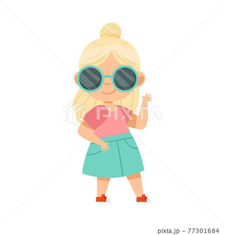 Blond Fashionable Girl Standing in Trendy Flared Skirt and Sunglasses Waving Hand Vector Illustration Blond Fashionable Girl Standing in Trendy Flared Skirt and Sunglasses Waving Hand Vector Illustration 77301684