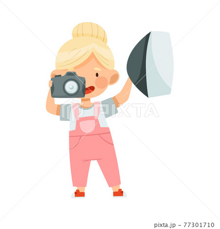Cute Little Girl with Camera Taking Photograph Having Studio Lighting Vector Illustration Cute Little Girl with Camera Taking Photograph Having Studio Lighting Vector Illustration 77301710