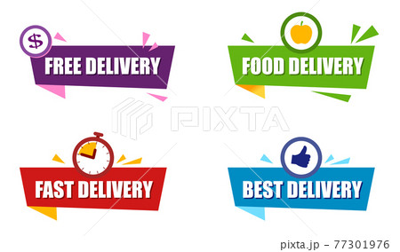Red, green and blue ribbon with text Free delivery, Best delivery and food delivery. 77301976