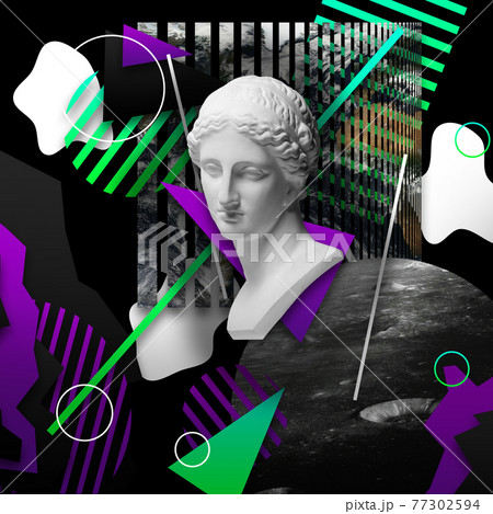 Contemporary art collage with antique statue head in a surreal style. Contemporary art collage with antique statue head in a surreal style. 77302594