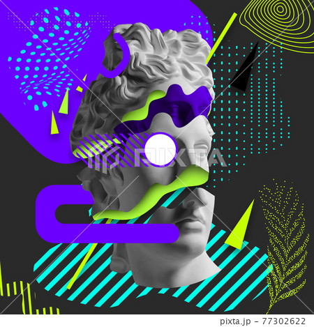 Contemporary art collage with antique statue head in a surreal style. Contemporary art collage with antique statue head in a surreal style. 77302622