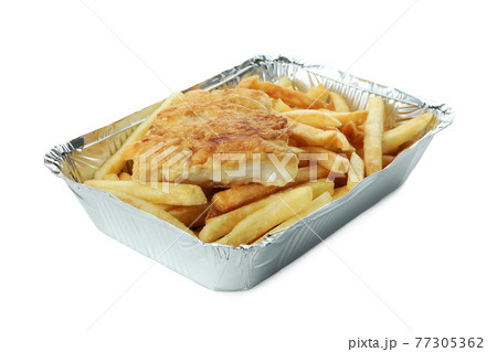 Foil container with fried fish and chips isolated on white background 77305362