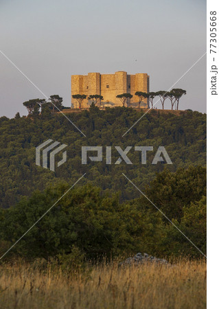 Castel del Monte, castle built in an octagonal shape by the Holy Roman Emperor Frederick II in the 13th century in Apulia region, Italy Castel del Monte, castle built in an octagonal shape by the Holy Roman Emperor Frederick II in the 13th century in Apulia region, Italy 77305668