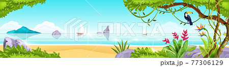 Summer beach jungle island vector landscape, toucan, exotic tree, ocean, sand, tropical flowers Summer beach jungle island vector landscape, toucan, exotic tree, ocean, sand, tropical flowers 77306129