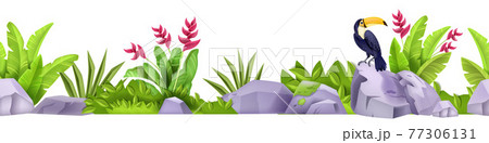 Stone seamless vector border, tropical exotic jungle rainforest rocks, toucan, banana leaves, flower Stone seamless vector border, tropical exotic jungle rainforest rocks, toucan, banana leaves, flower 77306131