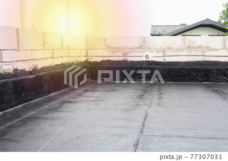Waterproofing flat roof terrace with roll bitumen Waterproofing flat roof terrace with roll bitumen 77307031