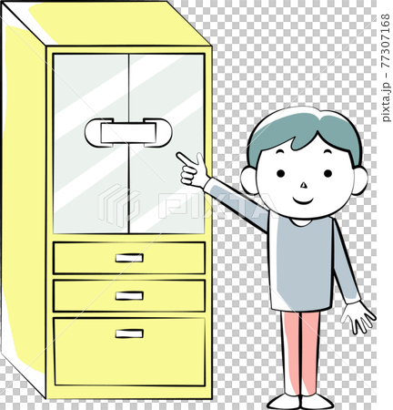 扉にストッパーをつけた食器棚と男性 扉にストッパーをつけた食器棚と男性 77307168