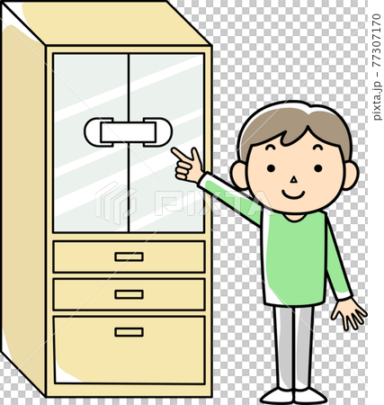 扉にストッパーをつけた食器棚と男性 77307170