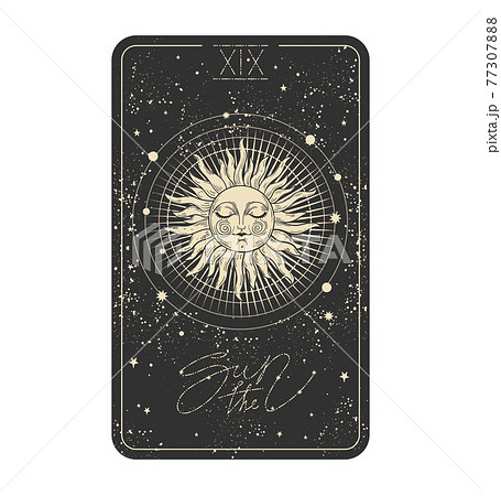The sun Tarot card icon, sun with a face on a black cosmic background with stars. Major arcana for divination witch, aesthetic hand drawn illustration in vintage design. Vector isolated on white 77307888