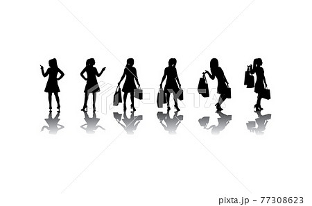 Silhouette of realistic girl with bags. Shopping concept. Happy funny woman. Vector isolated illustration. 77308623