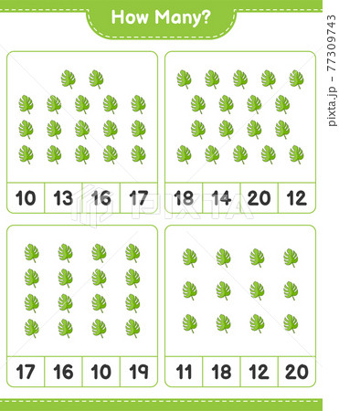 Counting game, how many Monstera. Educational children game, printable worksheet, vector illustration Counting game, how many Monstera. Educational children game, printable worksheet, vector illustration 77309743
