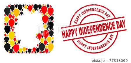 Happy Independence Day Grunge Stamp and German Map Stencil Mosaic of Celebration Ballon Icons in German Flag Colors 77313069