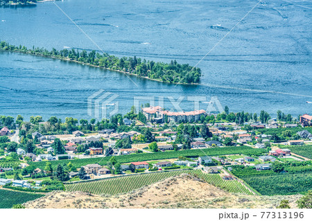 Resort area overview and residential houses on Osoyoos lake, British Columbia 77313196