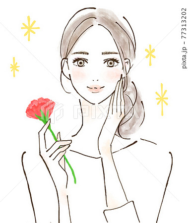 母の日のプレゼント　笑顔のお母さん　カーネーションの花 77313202