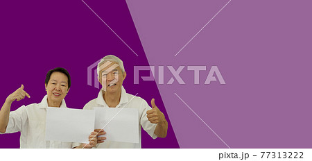 Asian senior elder couple smile positive review with advertising copy space sign 77313222