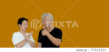 Asian senior couple relationship disagreement regular conflict in opinion copy space 77313225