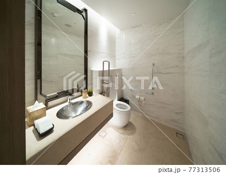 Public handicap toilet for disable people. Men bathroom doors in restroom in restaurant or hotel or shopping mall, empty interior decoration design 77313506