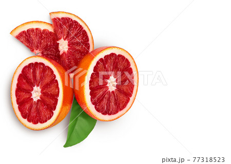 Blood red oranges slices isolated on white background with clipping path. Top view with copy space for your text. Flat lay Blood red oranges slices isolated on white background with clipping path. Top view with copy space for your text. Flat lay 77318523