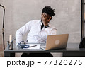 Funny bored at work african american doctor worker falling asleep at office desk, employee sleeping at workplace near laptop feel overworked concept 77320275