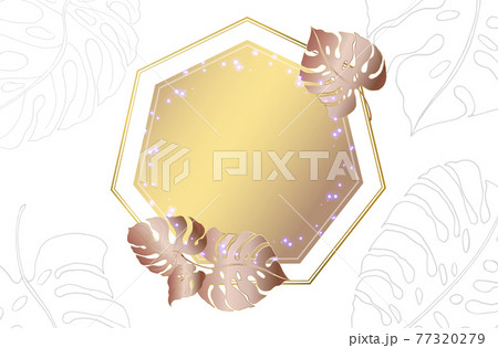 Gold frame. Watercolor wedding invitation card with golden monstera leaves. Gold outline heptagonal geometric frame. Abstract background. 77320279