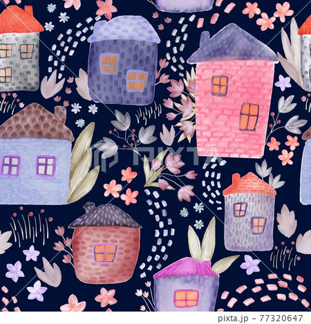 Cute Watercolor Houses and Flowers Seamless Pattern. Tender Kids Textile and Wrapping paper design. Watercolour buildings floral fabric pattern.  77320647