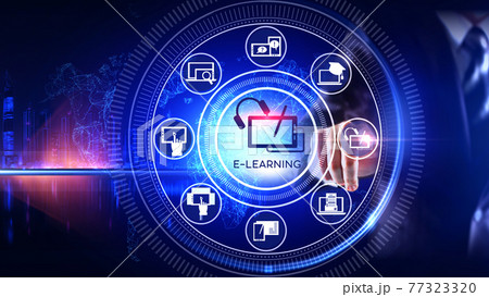 E-Learning Icon Concept Rotating wheel with icon surrounded by city Center and spoke Concept 77323320