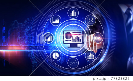Data Analysis Chart Concept Rotating wheel with icon surrounded by city Center and spoke Concept 77323322