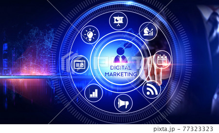 Digital marketing  Concept Rotating wheel with icon surrounded by city Center and spoke Concept 77323323