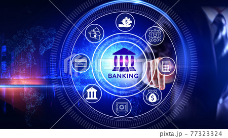 Banking Icon Concept Rotating wheel with icon surrounded by city Center and spoke Concept Banking Icon Concept Rotating wheel with icon surrounded by city Center and spoke Concept 77323324
