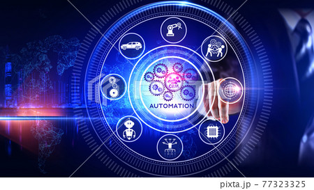 Automation Icon Concept Rotating wheel with icon surrounded by city Center and spoke Concept Automation Icon Concept Rotating wheel with icon surrounded by city Center and spoke Concept 77323325