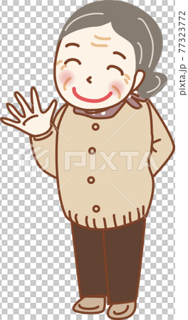 An energetic grandma waving her hand. 77323772