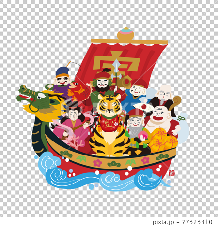 New Year's card material 2022 Illustration of a treasure ship and a tiger Tiger year 77323810