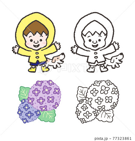 雨合羽を着た子供とアジサイのイラストのイラスト素材