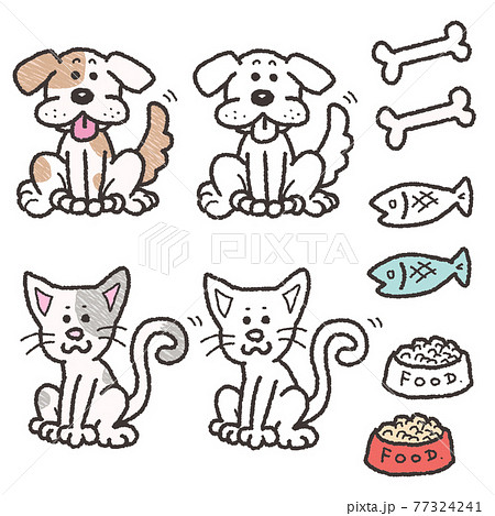 尻尾を振る犬と猫 エサのモチーフのイラストのイラスト素材