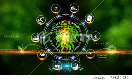 Agriculture and technology concept. Green environment with Center and spoke Concept ,Plant on center and rotating Icons 77324480
