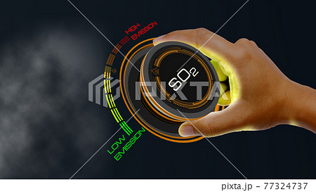 So2 Emission Concept with knob button changing value Low Emission to High Emission and reverse So2 Emission Concept with knob button changing value Low Emission to High Emission and reverse 77324737