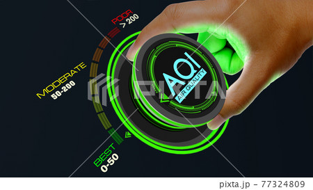 Air Quality Index concept with knob button changing AQI best to poor and reverse Air Quality Index concept with knob button changing AQI best to poor and reverse 77324809
