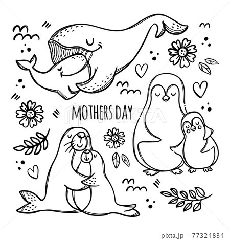Mothers Day Party Monochrome Cute Animals Hug のイラスト素材