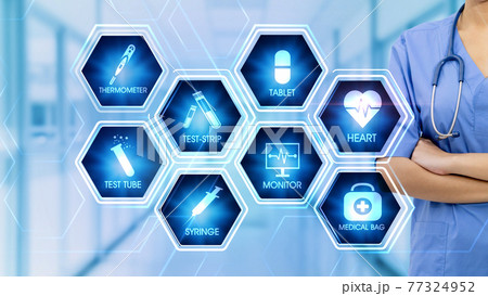 Medical Hexagonal Touch Screen Concept Hexagonal virtual Touch Screen Concept with man touching screen with finger and light streak 77324952