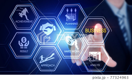 Business Hexagonal Touch Screen Concept Hexagonal virtual Touch Screen Concept with v man touching screen with finger and light streak 77324963