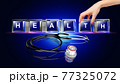 Health Letter written on glass cube animated hand putting one icon on place to complete the composition 77325072