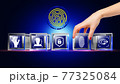 Biometric letter written on glass cube, animated hand putting one icon on place to complete the composition 77325084
