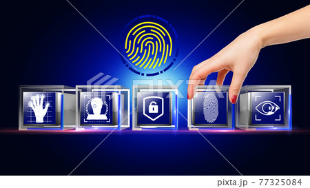 Biometric letter written on glass cube, animated hand putting one icon on place to complete the composition 77325084